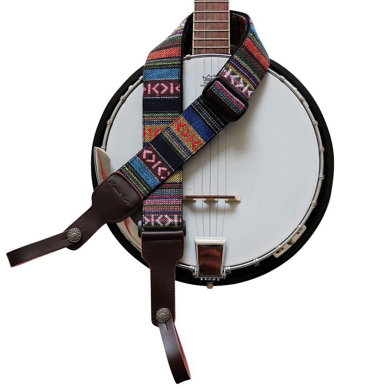 MUSIC FIRST Original Design, 2 inch width (5cm), Classic Country Style Yarn-dyed fabric & Genuine Leather Delux Banjo Strap, With 2 pieces of MUSIC FIRST Leather Strap Locker. (Classic Country Style) - Image 1